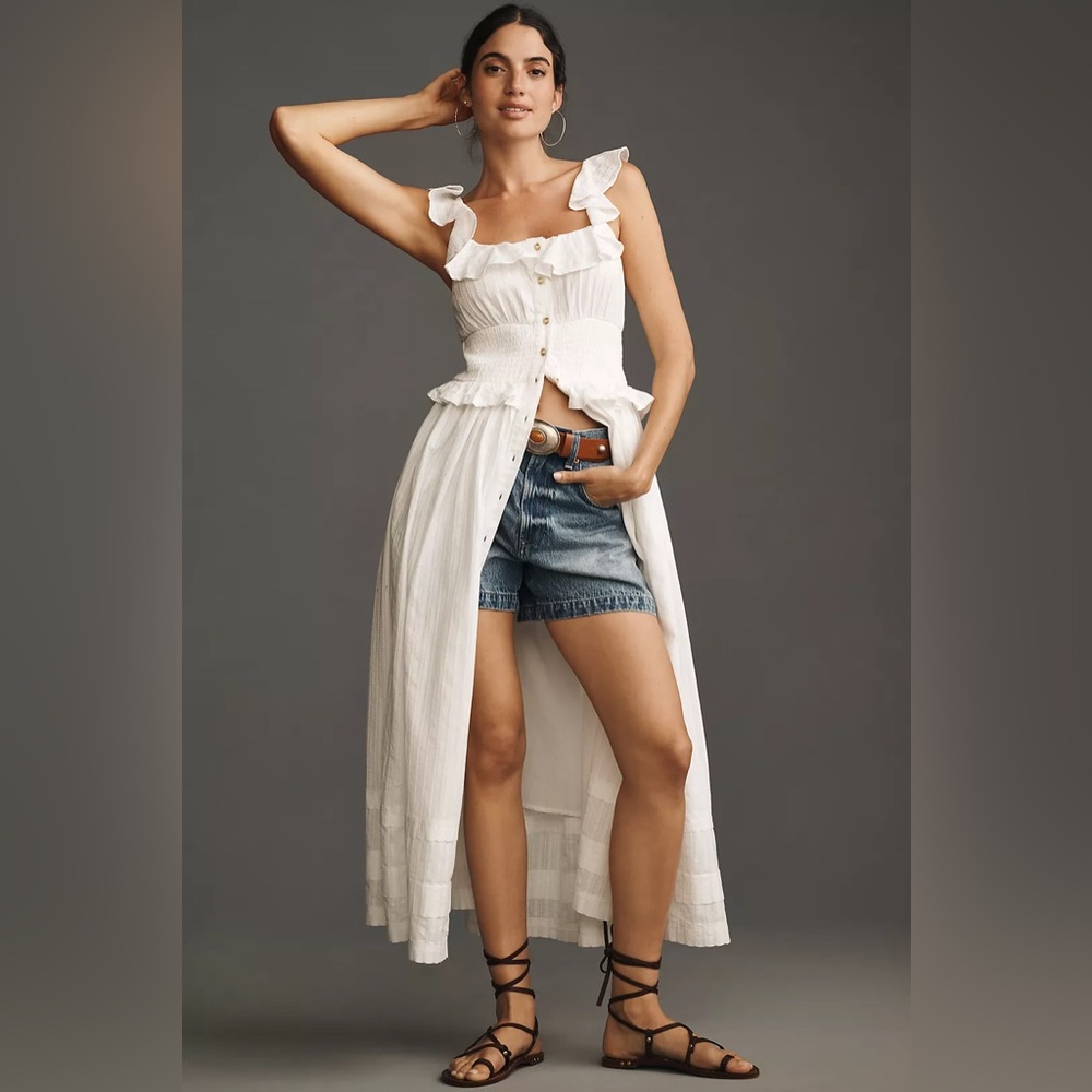 NWT Anthropologie Pilcro Ruffled Smocked-Waist Button-Front Midi Dress white - Picture 4 of 6
